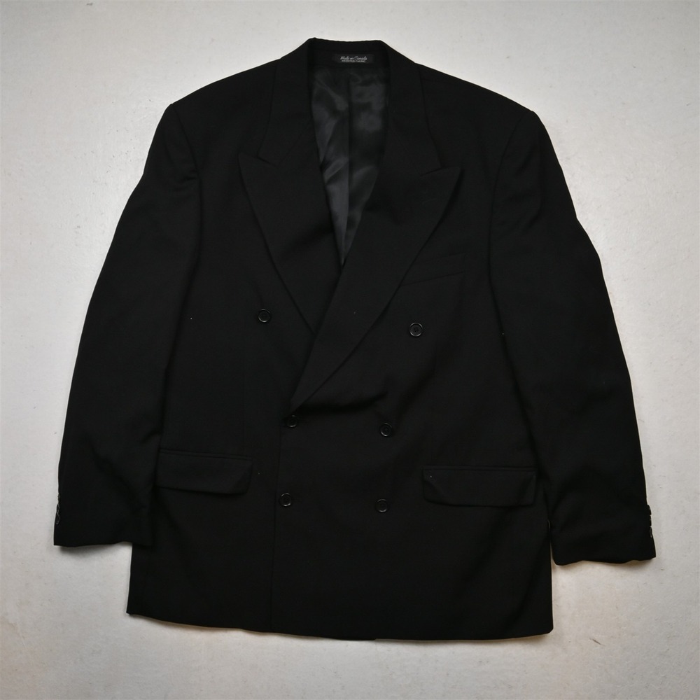 Vtg Mens Double Breasted 46R Black 100% Wool Mens Blazer Suit Jacket Sport Coat